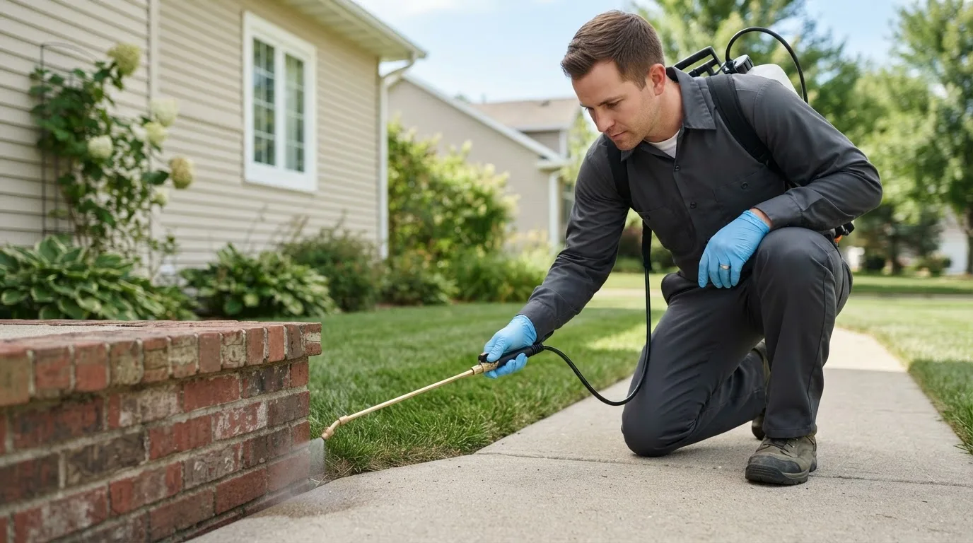 Pest control technician treating a home near Omaha, AR